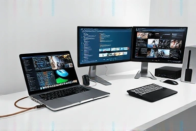 Futuristic laptop connected to a powerful Thunderbolt 4 dock with multiple displays.
